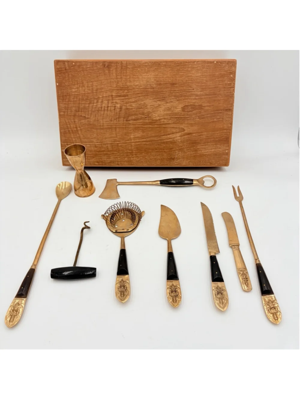 JUDY’S GEMS Bangkok SIAM Brass Wood 9 Pc Barware Cocktail Tool Set Boxed